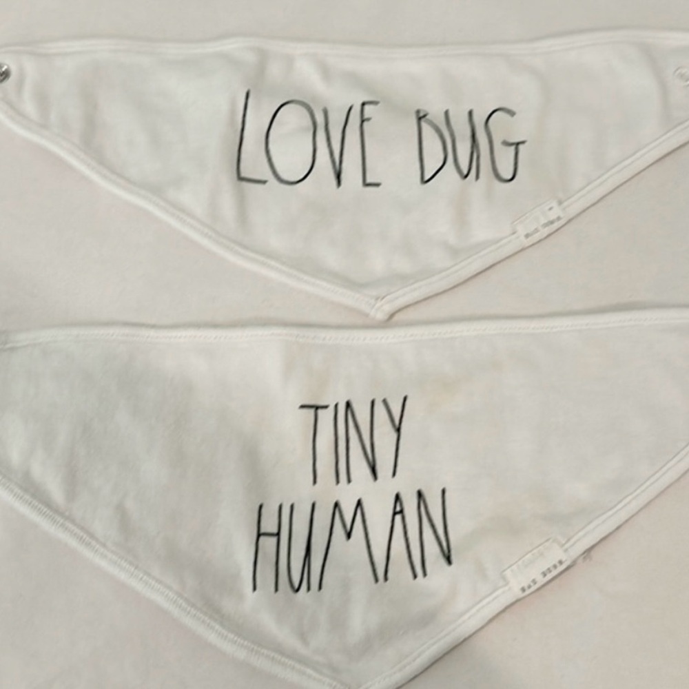 LOT OF 2 Rae Dunn White Infant Baby Bandana Bibs Set of 2 Love Bug & Tiny Human